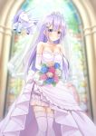  absurdres alicorn animal azur_lane bangs bare_shoulders black_neckwear blue_flower blue_rose blurry blurry_background blush bouquet bow bowtie breasts bridal_veil closed_mouth clothed_animal collarbone collared_shirt commentary_request depth_of_field detached_sleeves dress earrings eyebrows_visible_through_hair flower hair_between_eyes head_tilt highres holding holding_bouquet indoors jacket jewelry kugatsu_tooka long_hair long_sleeves looking_at_viewer medium_breasts pants purple_eyes purple_hair red_flower red_rose rose see-through shirt smile solo stained_glass strapless strapless_dress thighhighs tiara unicorn_(azur_lane) veil wedding_dress white_bow white_dress white_flower white_jacket white_legwear white_pants white_rose white_shirt 