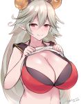  bangs bikini blush breasts cleavage collar commentary draph granblue_fantasy grey_hair hair_between_eyes horns huge_breasts kuavera long_hair looking_at_viewer pointy_ears red_bikini red_eyes sailor shirt shirt_lift simple_background smile solo swimsuit t-shirt thalatha_(granblue_fantasy) very_long_hair white_background white_shirt 