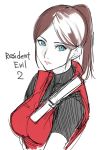  bangs blue_eyes breasts brown_hair claire_redfield copyright_name highres large_breasts looking_at_viewer parted_bangs ponytail resident_evil resident_evil_2 simple_background sketch solo tetsu_(kimuchi) upper_body white_background 