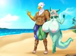  2017 abs anthro areola avian balls beach beak big_balls big_breasts bikini blue_eyes breasts brown_feathers bulge canine claws clothed clothing cloud detailed_background duo emerald_mist eyewear feathered_wings feathers female fox green_eyes gryphon hair huge_balls huge_breasts hyper hyper_breasts hyper_bulge long_hair male mammal mleonheart multicolored_hair open_mouth outside palm_tree sand seaside sky space_fox squeaks sunglasses swimsuit toe_claws tongue topless tree two-piece two_tone_hair water white_feathers wings 