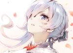  bangs commentary_request grey_hair hair_ornament hair_over_one_eye highres hoshizaki_reita long_hair looking_at_viewer one_eye_covered parted_lips petals portrait purple_eyes sinoalice snow_bunny snow_white_(sinoalice) solo 