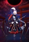  absurdly_long_hair absurdres armor breasts cleavage commentary_request eclipse fate/grand_order fate_(series) hakama highres japanese_armor japanese_clothes kote kuroha_(rockluo213) kusazuri long_hair looking_at_viewer lunar_eclipse medium_breasts moon red_eyes red_moon rope shimenawa shoulder_armor silver_hair sode solo standing standing_on_liquid tomoe_gozen torii very_long_hair 