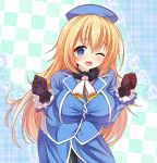  ;d atago_(kantai_collection) black_gloves black_legwear blazer blonde_hair blue_eyes blue_hat blue_jacket blush breasts commentary_request eyebrows_visible_through_hair frilled_sleeves frills fur_collar gloves hair_between_eyes hat highres impossible_jacket jacket kantai_collection kuro75268 lace_border large_breasts layered_sleeves long_hair long_sleeves looking_at_viewer one_eye_closed open_mouth pantyhose smile solo 