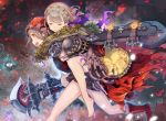  :d barefoot blush boots braid briar_rose_(sinoalice) cape carrying closed_eyes from_side grey_hair highres holding holding_weapon hood hood_up hoshizaki_reita little_red_riding_hood_(sinoalice) long_sleeves multiple_girls open_mouth parted_lips piggyback profile red_cape red_footwear running sideways_mouth signature sinoalice sleeping smile weapon 