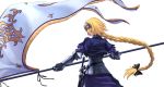  absurdres armor banner black_ribbon blonde_hair blue_capelet blue_eyes braid breastplate capelet chain closed_mouth commentary_request fate/apocrypha fate_(series) flag floating_hair from_behind gauntlets hair_ribbon headpiece highres holding holding_flag jeanne_d'arc_(fate) jeanne_d'arc_(fate)_(all) long_hair purple_skirt ribbon simple_background single_braid skirt smile solo standing tress_ribbon very_long_hair white_background zonotaida 