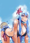  bikini blue_hair breasts cleavage cloud commentary_request crossover curvy day eyebrows_visible_through_hair flower hair_flower hair_ornament hanging_breasts heiseikorotaisei huge_breasts kamishirasawa_keine leaning_forward long_hair looking_at_viewer midriff navel ocean omanyte on_ass pokemon pokemon_(creature) red_eyes shell side-tie_bikini swimsuit tan tanline touhou 