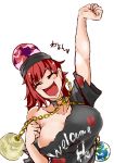  arm_up bare_shoulders blush breasts chain choker closed_eyes clothes_writing collarbone commentary_request earth_(ornament) fang happy hecatia_lapislazuli heiseikorotaisei huge_breasts moon_(ornament) off-shoulder_shirt polos_crown red_hair shirt smile touhou translated upper_body 