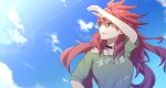  amou_kanade ankh_(ankh_05) arm_up blue_sky choker clothes_writing cloud cloudy_sky commentary_request dated day green_shirt hot long_hair looking_up outdoors red_eyes red_hair senki_zesshou_symphogear shading_eyes shirt sky standing sweat 