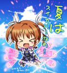  &gt;_&lt; :d armor armored_dress blue_sky brown_hair chibi closed_eyes cloud cloudy_sky commentary dated day eyebrows_visible_through_hair facing_viewer flying food hair_ribbon jacket light_particles lyrical_nanoha magical_girl mahou_shoujo_lyrical_nanoha_the_movie_3rd:_reflection ocean open_mouth outdoors outstretched_arms popsicle ribbon san-pon short_twintails skirt sky smile solo spread_arms takamachi_nanoha translation_request twintails twitter_username watermelon_bar white_jacket white_ribbon white_skirt 