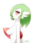  1girl absurdres akatori_(redbird) areolae artist_name blush breasts breath creatures_(company) dated female from_side game_freak gardevoir gen_3_pokemon green_hair hair_over_one_eye half-closed_eyes highres inverted_nipples looking_at_viewer looking_to_the_side medium_breasts nintendo nipples no_humans nude open_mouth pokemon pokemon_(creature) profile red_eyes shiny shiny_hair shiny_skin short_hair simple_background solo twitter_username upper_body watermark wet wet_hair white_skin 