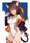  :d animal_ears ass_visible_through_thighs bangs bare_shoulders black_ribbon blue_sky blush breasts brown_hair cat_ears cat_tail cloud competition_swimsuit covered_navel cowboy_shot eyebrows_visible_through_hair fang hair_ribbon hand_on_hip hand_up highres holding jacket large_breasts leg_belt long_hair long_sleeves looking_at_viewer off_shoulder one-piece_swimsuit oota_yuuichi open_mouth orange_ribbon original ribbon sky smile solo standing sweatdrop swimsuit tail tail_ribbon whistle 