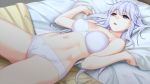  blue_eyes bow bow_bra bow_panties bra breasts collarbone eyebrows_visible_through_hair game_cg ino large_breasts long_hair lying minagi_ako navel no!_body_knows non-web_source official_art on_back on_bed open_mouth panties solo underwear underwear_only w_arms white_bra white_hair 