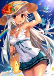  :d armpits bag blue_skirt blush breasts cleavage craytm dark_skin dragon eyebrows_visible_through_hair flower granblue_fantasy hat hat_flower highres horizontal_stripes long_hair looking_at_viewer medium_breasts open_mouth petals pleated_skirt rainbow red_eyes shirt skirt smile solo striped striped_hat sunlight white_hair white_shirt zooey_(granblue_fantasy) 