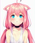  ahoge animal_ear_fluff animal_ears black_choker blue_eyes blush choker commentary_request ears_down grey_background hinata_channel long_hair looking_at_viewer loose_clothes loose_shirt low_twintails nekomiya_hinata parted_lips pink_hair sad shirt simple_background sleeveless sleeveless_shirt solo soya_(torga) twintails upper_body white_shirt 