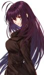  antenna_hair bangs breasts closed_mouth coat fate/grand_order fate_(series) highres lips long_hair long_sleeves looking_at_viewer looking_back makimura_shunsuke medium_breasts purple_hair red_eyes scathach_(fate)_(all) scathach_(fate/grand_order) sidelocks simple_background smile upper_body white_background 
