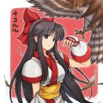  ainu_clothes bird black_hair blue_eyes bow breasts commentary_request fingerless_gloves gloves hair_bow hairband hawk itouei japanese_clothes long_hair nakoruru red_bow samurai_spirits short_sleeves 