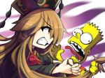  1girl angry asphyxiation bangs bart_simpson black_dress black_hat blonde_hair chinese_clothes clenched_teeth commentary crossover dress english_commentary eyebrows_visible_through_hair hands_on_another's_neck hat hat_ornament headdress holding_another's_hair junko_(touhou) kaliningradg long_hair open_mouth orange_shirt parody red_eyes shirt simple_background spiked_hair strangling tassel teeth the_simpsons tongue tongue_out toon touhou wavy_hair yellow_skin 