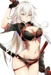  ahoge bikini black_bikini black_jacket breasts choker cleavage commentary_request cowboy_shot eyebrows_visible_through_hair fate/grand_order fate_(series) gloves hair_between_eyes holding holding_sword holding_weapon jacket jeanne_d'arc_(alter_swimsuit_berserker) jeanne_d'arc_(fate)_(all) katana large_breasts long_hair o-ring sheath sheathed shrug_(clothing) solo swimsuit sword weapon white_background white_hair yellow_eyes yusan 