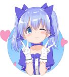  ;3 bangs blue_background blue_bow blue_choker blue_eyes blue_hair bow cacao_(chocolat) center_frills choker closed_mouth collarbone commentary_request double_v eyebrows_visible_through_hair frills gloves hair_between_eyes hair_bow hands_up heart highres long_hair nijisanji one_eye_closed puffy_short_sleeves puffy_sleeves shirt short_sleeves sidelocks solo twintails two-tone_background upper_body v virtual_youtuber white_background white_gloves white_shirt yuuki_chihiro 