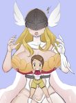  2girls angewomon bard-bot blonde_hair blue_background breasts brown_eyes brown_hair digimon digimon_adventure giantess gloves helmet huge_breasts long_hair multiple_girls shorts simple_background yagami_hikari 