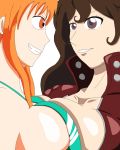  2girls artist_request breast_press breasts brunette_hair cleavage crossover huge_breasts large_breasts long_hair lupin_iii mine_fujiko multiple_girls nami_(one_piece) one_piece orange_hair smile 