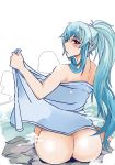  ass bare_shoulders blue_hair blush breasts from_behind heiseikorotaisei kamishirasawa_keine large_breasts long_hair looking_at_viewer looking_back naked_towel onsen ponytail red_eyes rock silhouette sitting steam touhou towel very_long_hair 