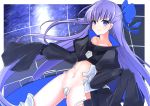  blue_eyes blue_ribbon blush chawan_(yultutari) closed_mouth commentary_request cowboy_shot crotch_plate fate/extra fate/extra_ccc fate_(series) flat_chest hair_ribbon highres juliet_sleeves legs_apart long_hair long_sleeves looking_at_viewer meltlilith navel puffy_sleeves purple_hair ribbon sleeves_past_fingers sleeves_past_wrists smile solo standing tied_sleeves very_long_hair 