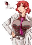  belt between_breasts blowing_smoke breasts commentary_request cowboy_shot eyebrows_visible_through_hair hand_on_hip heiseikorotaisei horikawa_raiko jacket large_breasts looking_at_viewer loose_belt necktie necktie_between_breasts open_clothes open_jacket plaid plaid_shirt red_eyes red_hair shirt short_hair tomoe_(symbol) touhou 