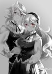  1girl alternate_costume closed_mouth commentary_request dress female_my_unit_(fire_emblem_if) fire_emblem fire_emblem_if formal grey_background greyscale hair_ornament hairband holding_hands long_hair long_sleeves male_my_unit_(fire_emblem_if) monochrome my_unit_(fire_emblem_if) negiwo pointy_ears red_eyes short_hair simple_background spot_color twitter_username 