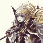  armor black_armor black_gloves commentary crown fire_emblem fire_emblem_heroes gloves grey_hair hair_ornament holding holding_staff kaijuicery long_hair long_sleeves open_mouth shoulder_armor simple_background solo staff tsundere twitter_username veronica_(fire_emblem) white_background 