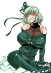  bare_shoulders blush breasts clenched_teeth collarbone commentary_request dress eyebrows_visible_through_hair ghost_tail green_eyes hat heiseikorotaisei hips huge_breasts sharp_teeth short_hair silver_hair simple_background soga_no_tojiko teeth touhou white_background 