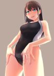  :d bare_shoulders black_hair blue_eyes blush breasts competition_swimsuit ese_shinshi grey_background long_hair one-piece_swimsuit open_mouth original pubic_hair school_swimsuit simple_background smile solo sweatdrop swimsuit 