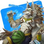  2018 abs anthro biceps canine clothed clothing digital_media_(artwork) fur male mammal muscular pecs seth_(tas) shadowwow swimsuit tokyo_afterschool_summoners topless 