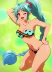  10s 1girl aqua_hair bangs barefoot bikini blush braid breasts cleavage curvy dark_skin fang female green_hair hand_on_hip highres long_hair looking_at_viewer musaigen_no_phantom_world red_eyes ruru_(phantom_world) screencap shiny shiny_skin simple_background single_braid smile solo swimsuit thong very_long_hair wink 