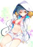  bangs bikini blue_hair breasts brown_eyes choker closed_mouth collarbone commentary_request covered_nipples eyebrows_visible_through_hair flower_knight_girl fujishima-sei_ichi-gou groin hair_between_eyes hair_ornament hand_up heart highres hood hood_up hooded_jacket jacket long_hair long_sleeves looking_at_viewer medium_breasts navel open_clothes open_fly open_shorts red_bikini red_choker shamusakuraran_(flower_knight_girl) short_shorts shorts sidelocks sleeves_past_wrists solo swimsuit very_long_hair white_jacket white_shorts 