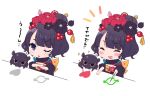  1girl :d ;&lt; ^_^ animal bangs black_hair black_kimono blush blush_stickers closed_eyes commentary_request crossed_arms eyebrows_visible_through_hair eyes_closed fate/grand_order fate_(series) fur_collar hair_bun hair_ornament heart holding holding_paintbrush japanese_clothes katsushika_hokusai_(fate/grand_order) kimono ko_yu notice_lines octopus one_eye_closed open_mouth paintbrush parted_lips purple_eyes short_hair smile sparkle tokitarou_(fate/grand_order) translation_request triangle_mouth twitter_username v-shaped_eyebrows white_background 
