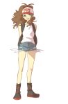  baseball_cap blue_eyes breasts brown_hair canari commentary_request denim denim_shorts hat highres jacket long_hair looking_at_viewer poke_ball_symbol pokemon pokemon_(game) pokemon_bw ponytail shorts small_breasts smile solo touko_(pokemon) 