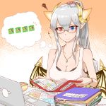  ameneko_kuro apple_inc. bangs bare_arms bare_shoulders blue_eyes bra bra_peek brand_name_imitation casual commentary_request computer dragon_girl dragon_horns dragon_wings frustrated glasses grey_hair hair_between_eyes heterochromia highres horns ideal_(p&amp;d) laptop long_hair macbook parted_bangs pointy_ears puzzle_&amp;_dragons reading red_eyes sitting solo squiggle tank_top thought_bubble translation_request underwear white_tank_top wings working 