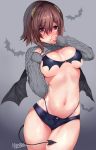  animal artist_name bangs bat blush breasts brown_hair commentary demon_girl demon_horns demon_tail demon_wings eyebrows_visible_through_hair fingernails gradient gradient_background highleg highleg_panties horns large_breasts lips long_sleeves matarou_(genkai_toppa) navel original panties red_eyes shiny shiny_skin short_hair short_shorts shorts signature sleeves_past_wrists solo succubus sweater tail underwear wings 