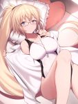  bare_legs bare_shoulders barefoot bed bed_sheet bespectacled bikini blonde_hair blue_eyes bow breasts cleavage collarbone commentary_request competition_swimsuit cowboy_shot eyebrows_visible_through_hair fate/grand_order fate_(series) from_above glasses hair_between_eyes hair_bow hairband hand_on_own_chest high_ponytail highleg highleg_swimsuit highres impossible_clothes jacket jeanne_d'arc_(fate)_(all) jeanne_d'arc_(swimsuit_archer) knees_up large_breasts long_hair looking_at_viewer lying maosame on_back on_bed one-piece_swimsuit open_clothes open_jacket pillow ponytail smile solo swimsuit thighs very_long_hair whistle white_jacket white_swimsuit 