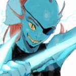  anthro blue_skin close-up clothed clothing eye_patch eyewear fish grin hair long_hair marine melee_weapon polearm portrait red_hair sharp_teeth shirt sketch smile spear tank_top teeth undertale undyne video_games weapon yellow_eyes yellow_teeth 