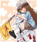  1girl baseball_cap beige_background black_eyes black_footwear blood blue_shirt brown_eyes brown_hair brown_shorts carrying clothes_writing commentary flag flat_cap floral_background grey_hat grey_shorts hair_over_one_eye hat hataraku_saibou highres holding holding_flag light_brown_hair looking_at_viewer open_mouth platelet_(hataraku_saibou) shirt short_sleeves shorts shoulder_carry suzuki_toto two-tone_background u-1146 white_blood_cell_(hataraku_saibou) white_hair white_hat white_skin 