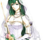  bare_shoulders bouquet breasts bridal_veil bride cleavage commentary_request delsaber dress earrings elbow_gloves fire_emblem fire_emblem:_rekka_no_ken fire_emblem_heroes flower formal gloves gold_trim green_eyes green_hair hair_down highres jewelry large_breasts lips long_hair lyndis_(fire_emblem) simple_background smile solo straight_hair strapless strapless_dress veil very_long_hair wedding_dress white_dress white_flower 
