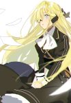  bangs black_ribbon blonde_hair blue_eyes braid brown_dress chinese_commentary commentary_request cz52_(girls_frontline) dress eyebrows_visible_through_hair girls_frontline hair_over_one_eye hair_ribbon juliet_sleeves long_hair long_sleeves looking_away monocle puffy_sleeves ribbon simple_background solo v_arms very_long_hair white_background xiao_chichi 