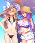  blonde_hair blue_bow blush bow braid breasts brown_eyes cleavage collarbone commentary_request eyebrows_visible_through_hair hair_bow hat highres kirisame_marisa large_breasts long_hair looking_at_viewer medium_breasts multiple_girls navel one_eye_closed open_mouth patchouli_knowledge purple_eyes purple_hair red_bow smile sun_hat tarmo touhou 