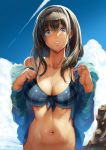  bikini black_hair blue_eyes blue_sky blush breasts cleavage cloud commentary_request day idolmaster idolmaster_cinderella_girls large_breasts lips long_hair looking_at_viewer navel nohito outdoors parted_lips sagisawa_fumika shiny shiny_hair shiny_skin sky solo standing swimsuit upper_body wet 
