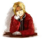  antenna_hair black_shirt blonde_hair coat edward_elric elbows_on_table eyebrows_visible_through_hair frown fullmetal_alchemist gloves grin hand_on_own_cheek looking_at_viewer male_focus red_coat shadow shirt simple_background smile solo tsukuda0310 upper_body white_background white_gloves yellow_eyes 