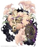  barefoot bee_costume blonde_hair briar_rose_(sinoalice) corset dress fake_antennae flower french_horn frills full_body fur_collar fur_trim instrument ji_no leaf official_art pillow ribbon sinoalice sleeping solo thorns trumpet white_background 