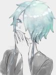  androgynous colored_eyelashes covering_mouth gem_uniform_(houseki_no_kuni) ghost_quartz_(houseki_no_kuni) green_background hair_over_one_eye hand_over_own_mouth highres houseki_no_kuni kokemaru_(12tama02) laughing looking_at_viewer necktie short_hair short_hair_with_long_locks silver_eyes silver_hair smile upper_body white_eyes white_hair 