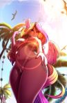  2018 anthro areola breasts colored_nails cutie_mark darkhazard digital_media_(artwork) equine feathered_wings feathers female food friendship_is_magic hair hi_res horn long_hair looking_at_viewer low-angle_view mammal multicolored_hair my_little_pony navel nipples nude outside palm_tree popsicle princess_cadance_(mlp) pussy solo tree winged_unicorn wings 